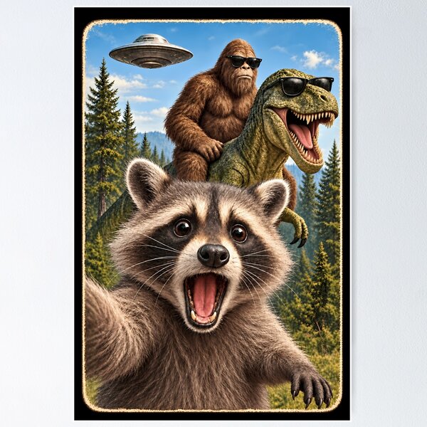 Item preview, Funny Raccon Meme Selfie Bigfoot Ufo T-rex  designed and sold by RetroOddity.