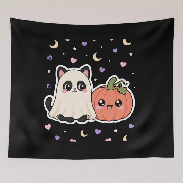 Item preview, Cute Halloween Cat and Pumpkin – Kawaii Ghost Cat Duo designed and sold by Artxotic Studio.