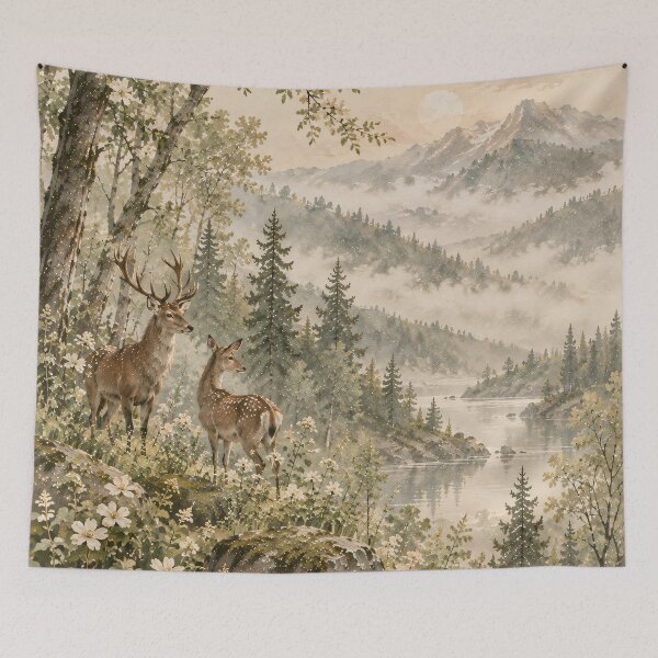Item preview, Watercolor Woodland Deer Mountain Lake Nature Art designed and sold by Jozefin's Studio.