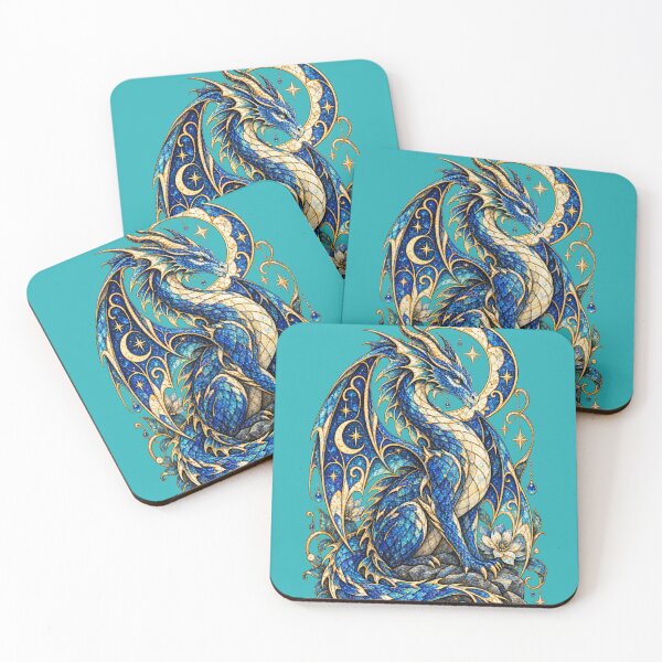 Item preview, Moonlit Mosaic Dragon – Celestial Blue Dragon with Crescent Moon, Stars and Stained Glass Fantasy Art designed and sold by From Cyryl with Love.