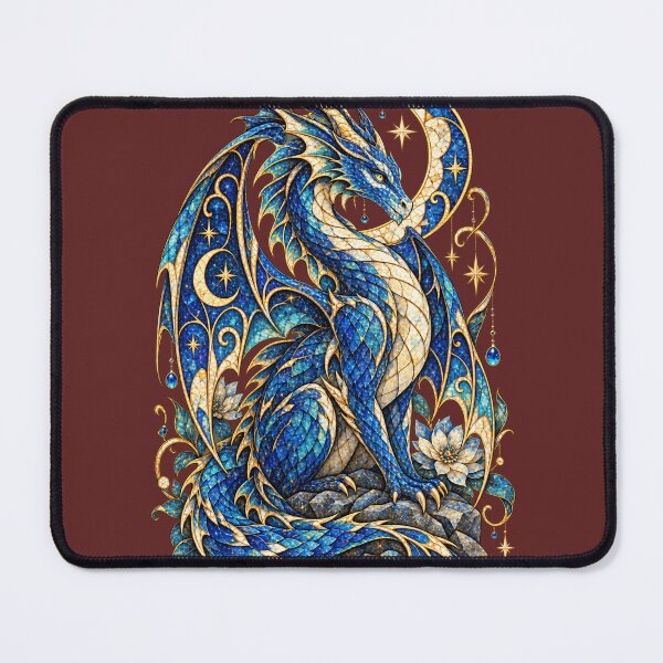 Item preview, Moonlit Mosaic Dragon – Celestial Blue Dragon with Crescent Moon, Stars and Stained Glass Fantasy Art designed and sold by From Cyryl with Love.