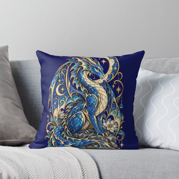 Item preview, Moonlit Mosaic Dragon – Celestial Blue Dragon with Crescent Moon, Stars and Stained Glass Fantasy Art designed and sold by From Cyryl with Love.