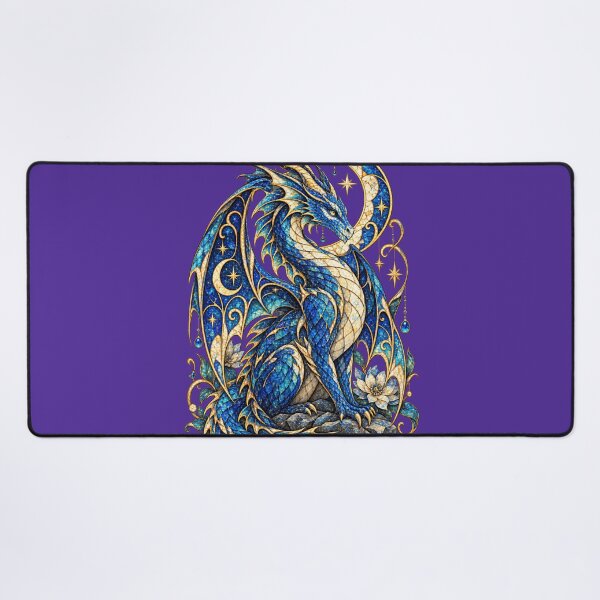 Item preview, Moonlit Mosaic Dragon – Celestial Blue Dragon with Crescent Moon, Stars and Stained Glass Fantasy Art designed and sold by From Cyryl with Love.