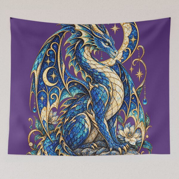 Item preview, Moonlit Mosaic Dragon – Celestial Blue Dragon with Crescent Moon, Stars and Stained Glass Fantasy Art designed and sold by From Cyryl with Love.