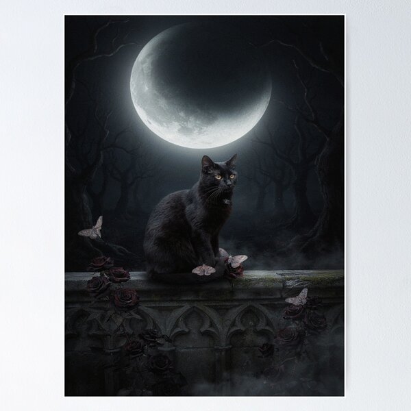 Item preview, Black Cat Beneath a Gothic Crescent Moon designed and sold by JanjjaSoulInk.