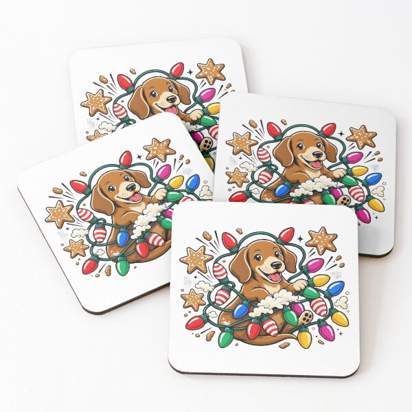 Item preview, Happy Christmas Dachshund Puppy Tangled in Retro Christmas Lights designed and sold by CraftyValley.