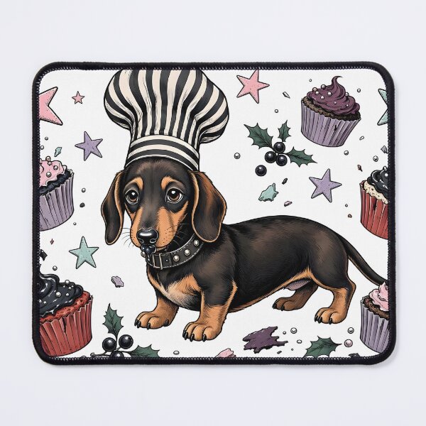 Item preview, Black and Tan Dachshund Goth Chef with Spooky Cupcakes designed and sold by CraftyValley.