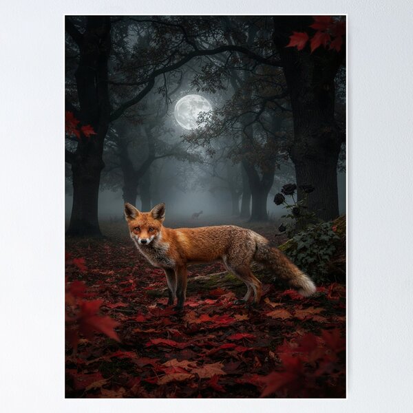 Item preview, Red Fox in a Dark Moonlit Gothic Forest designed and sold by JanjjaSoulInk.