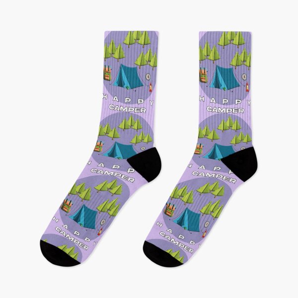 Item preview, 3d illustration of a mountain camping scene with the text HAPPY CAMPER in white designed and sold by Sock Garden.