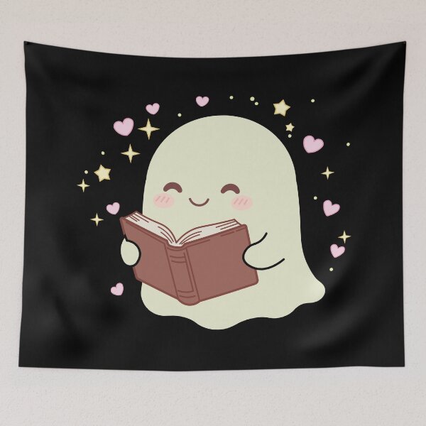 Item preview, Cute Kawaii Ghost Reading a Book Magic Stars Hearts designed and sold by Hallowed Artistry.