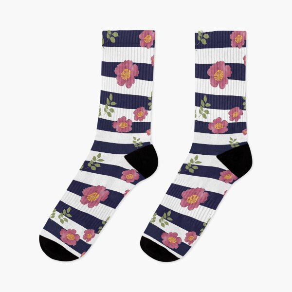Aperçu de l'œuvre Motif floral de feuilles et de fleurs aux pétales roses et aux étamines jaunes créée et vendue par Sock Garden.