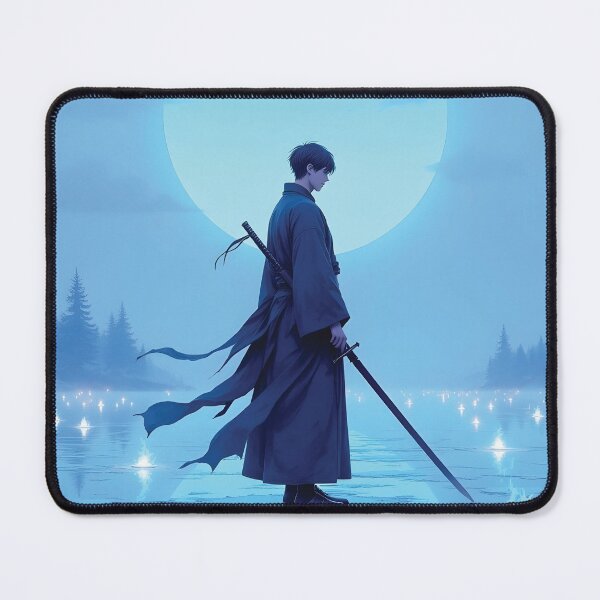Item preview, Lonely Samurai Under Blue Moonlit Frozen Lake Anime Art designed and sold by PIXeez⭐️⭐️⭐️⭐️⭐️.