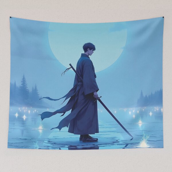 Item preview, Lonely Samurai Under Blue Moonlit Frozen Lake Anime Art designed and sold by PIXeez⭐️⭐️⭐️⭐️⭐️.