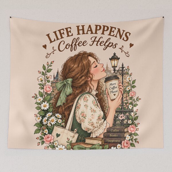 Item preview, Life Happens Coffee Helps Vintage Cottagecore Book Lover Art designed and sold by MAGICKEY2024.