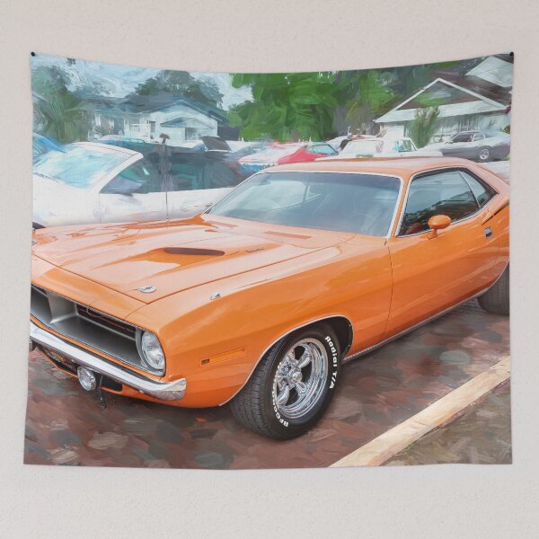 Item preview, 1970 Vitamin C Orange Plymouth Hemi Cuda Classic Mopar Muscle Car Art designed and sold by RichFrancoCars.