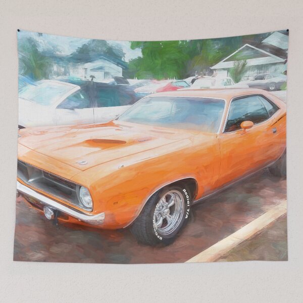 Item preview, 1970 Vitamin C Orange Plymouth 340 Hemi Cuda Classic Mopar Muscle Car Art designed and sold by RichFrancoCars.