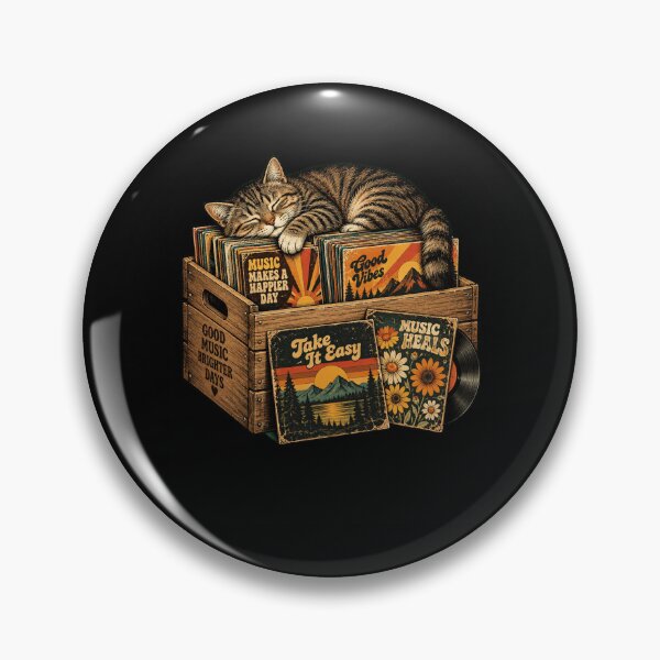 Item preview, retro music art sleeping cat vinyl crate with good vibes designed and sold by ROUX-ART.