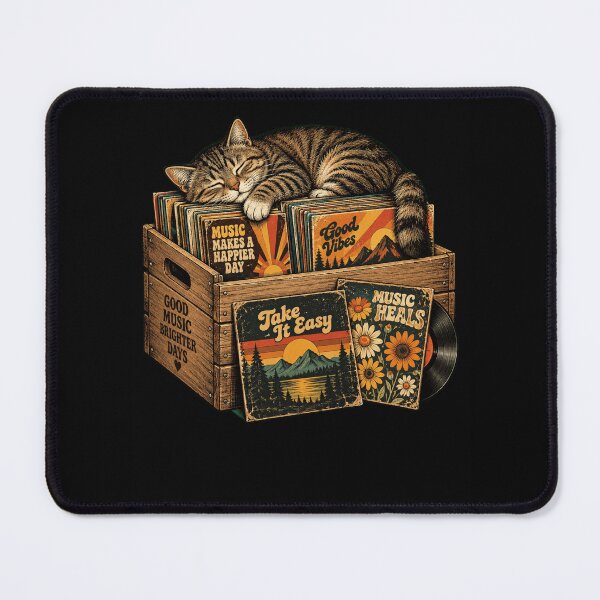 Item preview, retro music art sleeping cat vinyl crate with good vibes designed and sold by ROUX-ART.