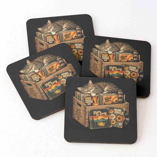 Item preview, retro music art sleeping cat vinyl crate with good vibes designed and sold by ROUX-ART.