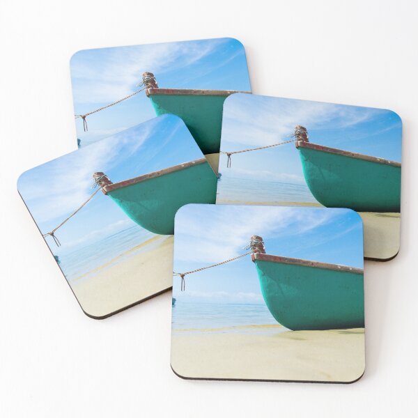 Item preview, Peaceful Coastal Scene with a Turquoise Wooden Fishing Boat Beached on Golden Sand designed and sold by ThaCriações.