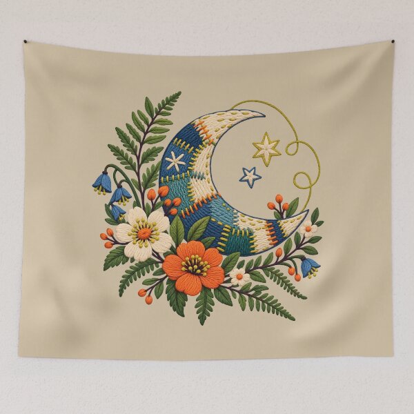 Item preview, Embroidered Crescent Garden – Visible Mending Moon designed and sold by VioVibe.