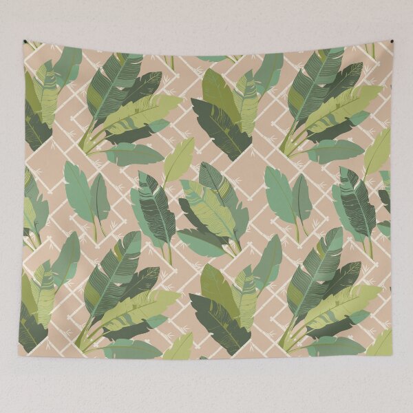 Item preview, Banana Leaf Chinoiserie Bamboo Lattice in Green and Neutral Beige designed and sold by YesterdayColl.