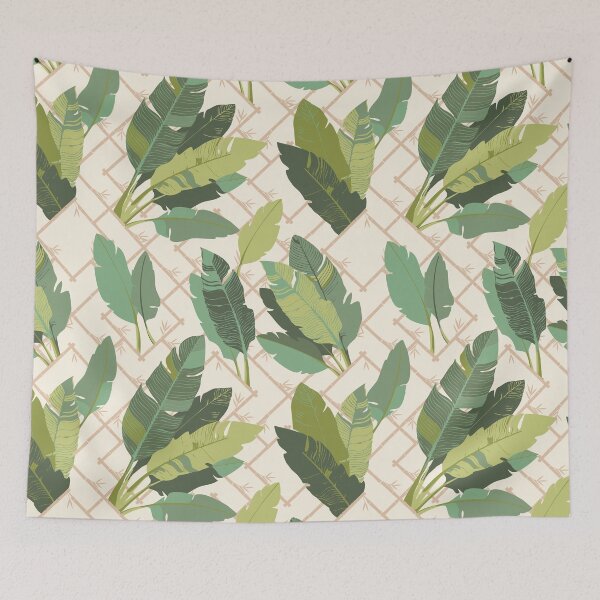 Item preview, Banana Leaf Chinoiserie Bamboo Lattice in Green and Meringue Cream designed and sold by YesterdayColl.