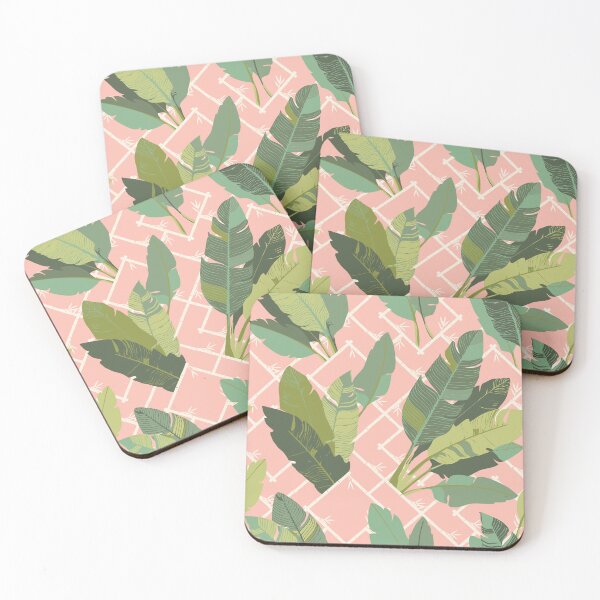 Item preview, Banana Leaf Chinoiserie Bamboo Lattice in Green and Conch Pink designed and sold by YesterdayColl.