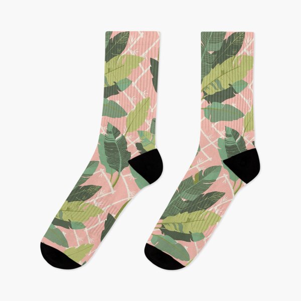 Item preview, Banana Leaf Chinoiserie Bamboo Lattice in Green and Conch Pink designed and sold by YesterdayColl.