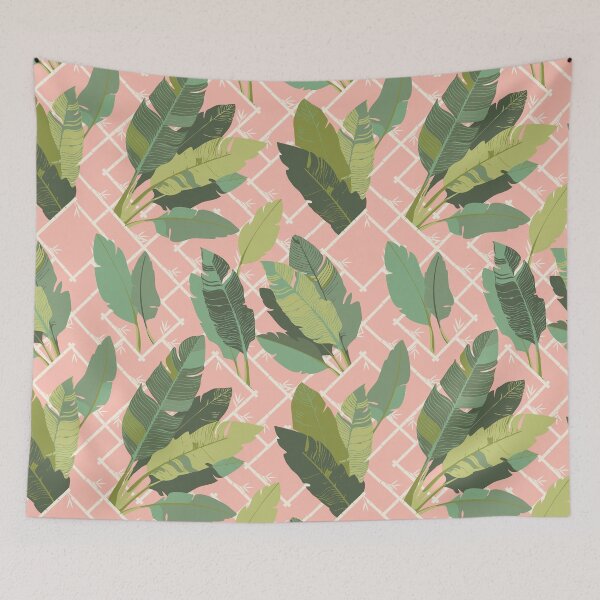 Item preview, Banana Leaf Chinoiserie Bamboo Lattice in Green and Conch Pink designed and sold by YesterdayColl.