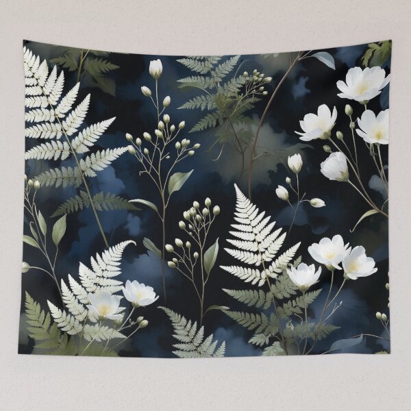 Item preview, Moody Dark Botanical Ferns And White Flowers Pattern designed and sold by IntelliMindDesigns.