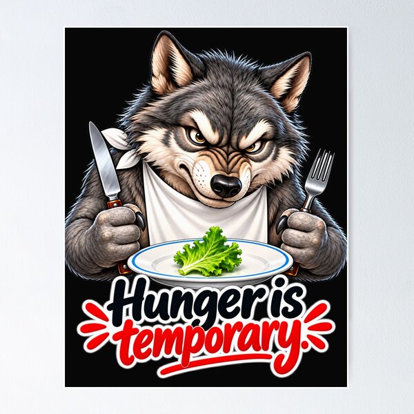 Item preview, Hunger Is Temporary – Funny Wolf Diet Motivation designed and sold by flashARTstudio.