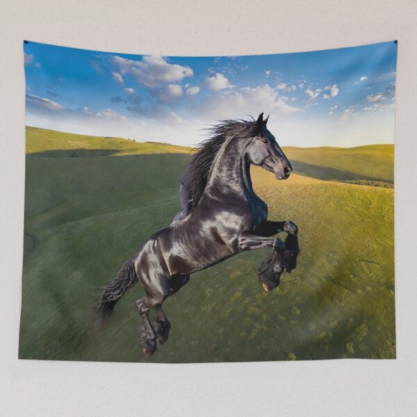 Item preview, Black Horse Rearing In Green Field Dynamic Animal Art designed and sold by IntelliMindDesigns.