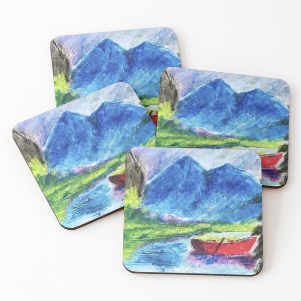 Item preview, Red Boat on Mountain Lake - Oil Pastel Landscape designed and sold by MOE'S LITTLE GALLERY.