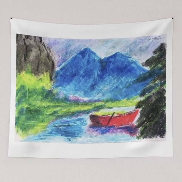 Artikelvorschau, Rotes Boot auf einem Bergsee – Ölpastell-Landschaft entworfen und verkauft von MOE'S LITTLE GALLERY.
