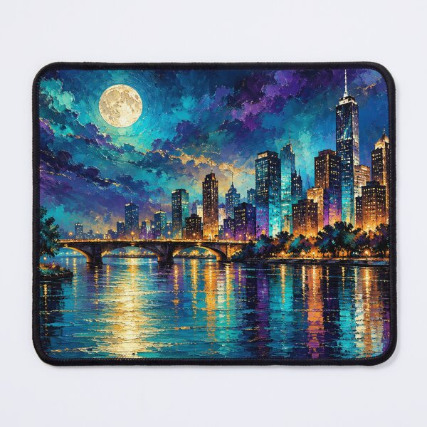 Item preview, Moonlit Symphony Over the Metropolis Urban Nightscape Digital Impasto Fine Art Print designed and sold by Joey Santiago.