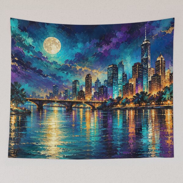 Item preview, Moonlit Symphony Over the Metropolis Urban Nightscape Digital Impasto Fine Art Print designed and sold by Joey Santiago.
