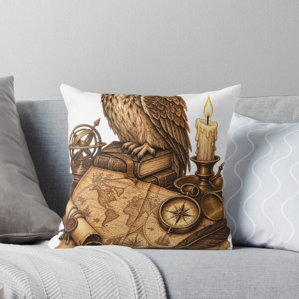 Item preview, Owl on Vintage World Map with Compass designed and sold by DriftmarkStudio.