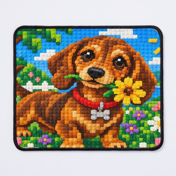 Item preview, Cute Dachshund with a Yellow Flower – Colorful Building Block Mosaic Art designed and sold by WildWhimsy Art.