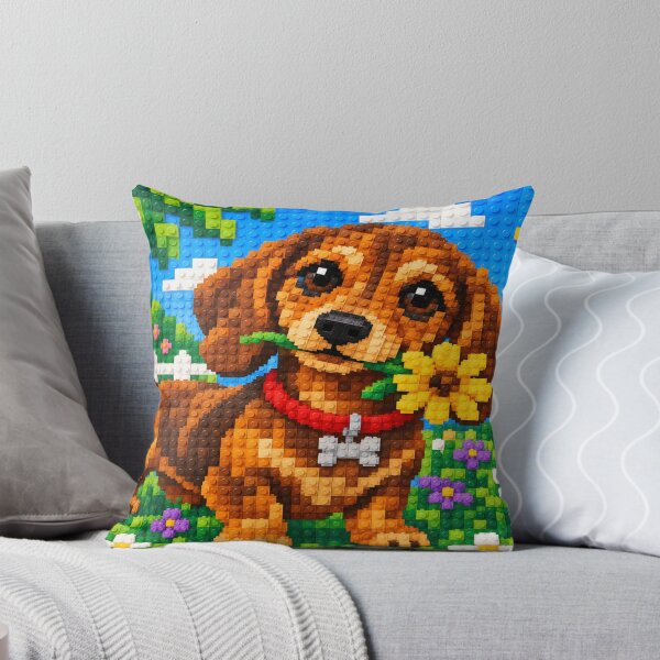 Item preview, Cute Dachshund with a Yellow Flower – Colorful Building Block Mosaic Art designed and sold by WildWhimsy Art.