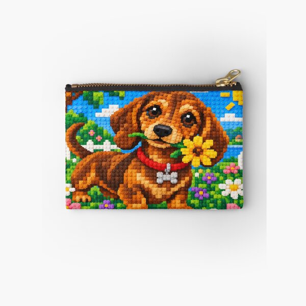 Item preview, Cute Dachshund with a Yellow Flower – Colorful Building Block Mosaic Art designed and sold by WildWhimsy Art.