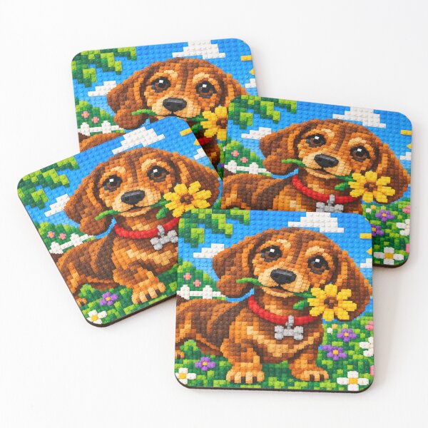Item preview, Cute Dachshund with a Yellow Flower – Colorful Building Block Mosaic Art designed and sold by WildWhimsy Art.