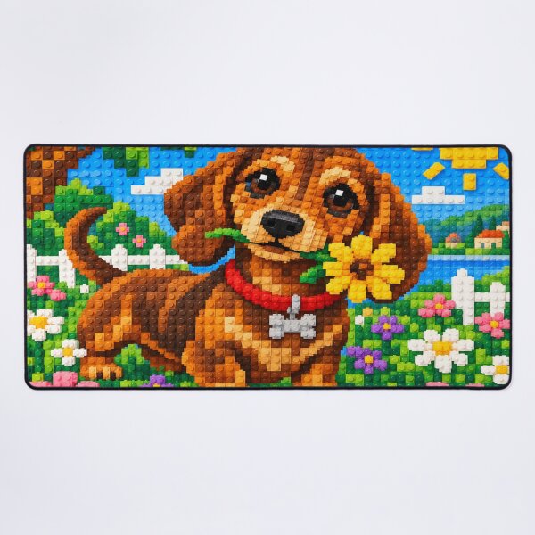 Item preview, Cute Dachshund with a Yellow Flower – Colorful Building Block Mosaic Art designed and sold by WildWhimsy Art.