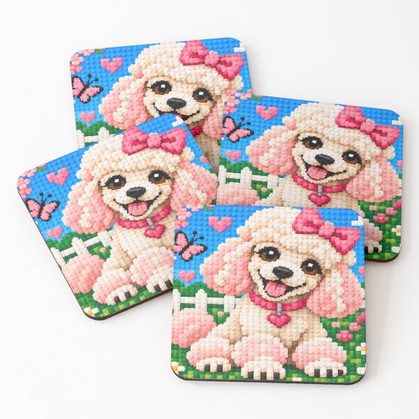 Item preview, Cute White Poodle with Pink Bow – Colorful Building Block Mosaic Art designed and sold by WildWhimsy Art.