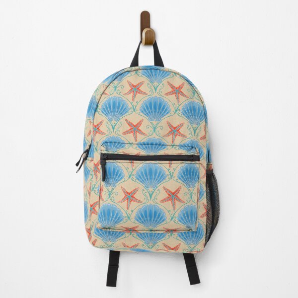 Item preview, Art Deco Coastal Pattern - Symmetrical Blue Seashell and Coral Starfish designed and sold by BHDigitalArt.