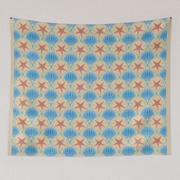 Item preview, Art Deco Coastal Pattern - Symmetrical Blue Seashell and Coral Starfish designed and sold by BHDigitalArt.