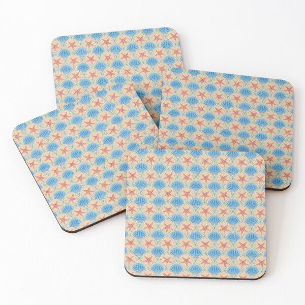 Item preview, Art Deco Coastal Pattern - Symmetrical Blue Seashell and Coral Starfish designed and sold by BHDigitalArt.