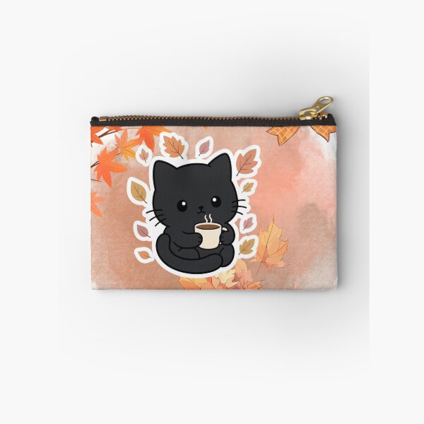 Item preview, Autumn Cat with Coffee — Bow and Watercolor Leaves designed and sold by SoyPanteraCat.