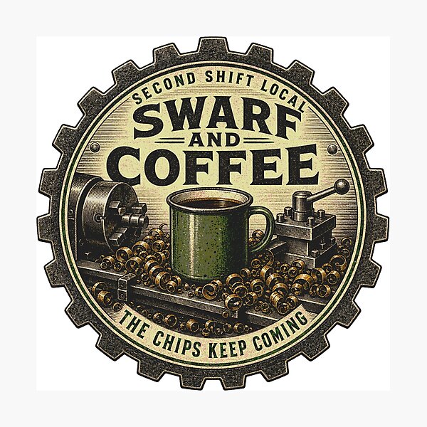 Item preview, Swarf and Coffee Late Shift Lathe Machinist Emblem designed and sold by BoosterShop.