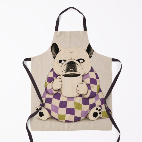 Item preview, Grumpy French Bulldog with Coffee – Purple Checkered Dog Art designed and sold by joycrysstudio.